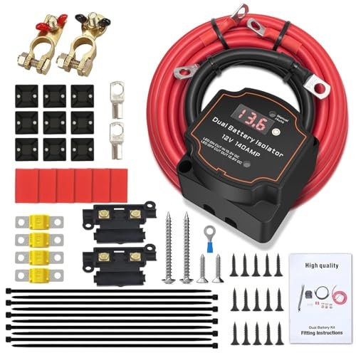 5M 12V 140 Amp Split Charge Relay Kit, VSR Smart Dual Battery Isolator Battery Automatic Disconnect Switch, Voltage Sensitive Relay Kit with LED Screen Display for Campervan SUV ATV RV Boat Vehicles