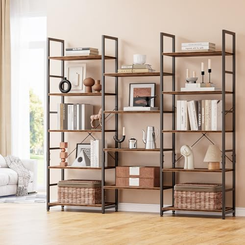 NUMENN Triple Wide 5-Tier Adjustable Bookshelf with 14 Shelves, Vintage