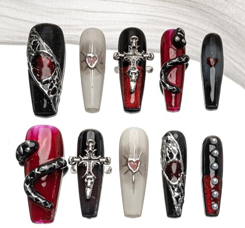 Sun&Beam Nails Handmade Press-on Long Coffin Ballerina Red White Black Silver Glam Halloween Ombre Design Fashion False Nail Tips 10 Pcs Set (#189 S)
