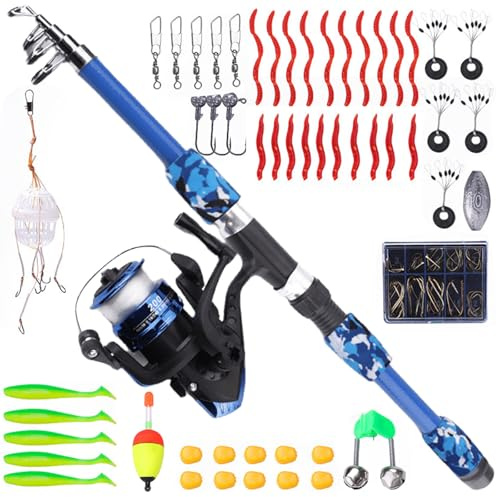 Juego de pesca para niños, 3 – 10 años, caña de pescar para niños con carrete y cebo, juego de iniciación de 1,8 m, caña de pescar telescópica de fibra de carbono y carrete de línea de pesca