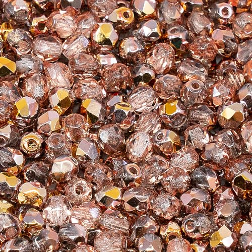 10 g (approx. 120 pcs) Faceted Round Fire Polished Beads, 4 x 4 mm, Crystal Rose Gold Capri (00030-27101), Glass, Czech Republic