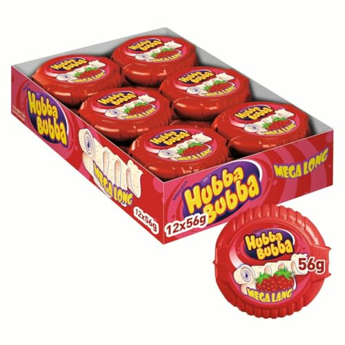 HUBBA BUBBA Bubble Gum Rouleau Mega long Goût Fraise 12x180cm | Bubble Gum Hubba Bubba goût Fraise pour faire des bulles géantes - le plaisir à partager au bureau, à l'école ou en famille