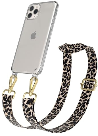 EAZY CASE Handykette - Verstellbares Taschenband kompatibel mit iPhone 11 Pro, Schulterriemen, Handykordel mit Silikon Hülle, Umhängetasche, Leo - Schwarz Beige Gold