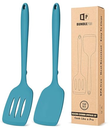 Pack of 2 Silicone Spatula Turners, Non Stick Slotted Kitchen Spatula Set, Heat Resistant BPA Free Kitchen Utensils, One-Piece Design, Suitable for Flipping Fish, Eggs, Steak, Pancakes(Blue)