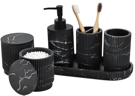 Sapisecret Set da bagno da 6 pezzi | Dispenser di sapone + bicchiere per spazzolini da denti con vassoio e scatola di cotone | Design a strisce | resina di alta qualità | effetto marmo nero |