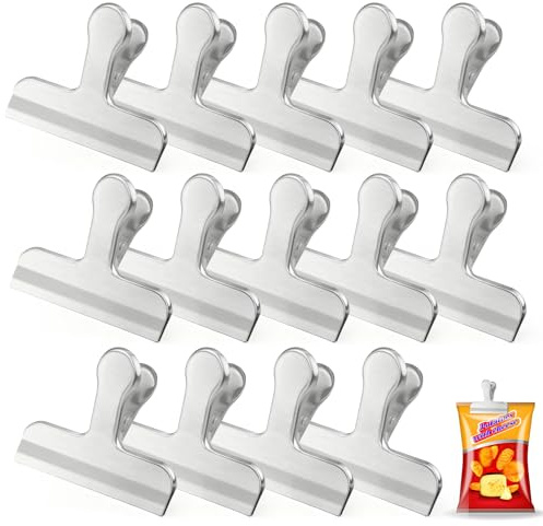 14 Stück Verschlussklammern, 76 mm Metallklammern Edelstahl | Breite Klemmfläche, Tüten Verschlussclips für Lebensmittel Foto Küche Büro Haus