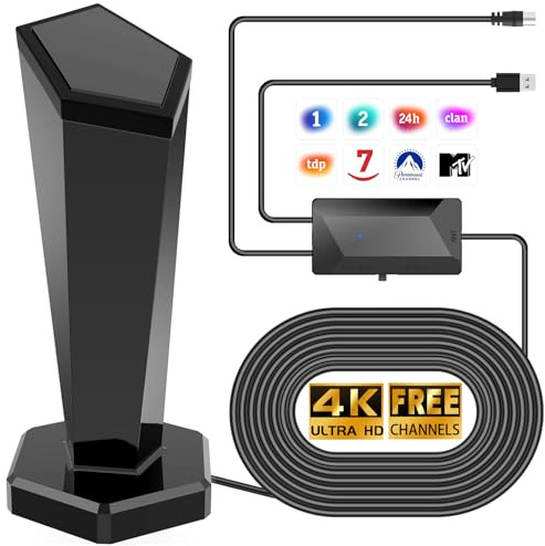 Antena TV Interior, Antena de TV Interior con Amplificador Regulable | Recepción 360°, instalación sencilla, compatible con 4K/1080P, base magnética, material antihumedad para uso interior