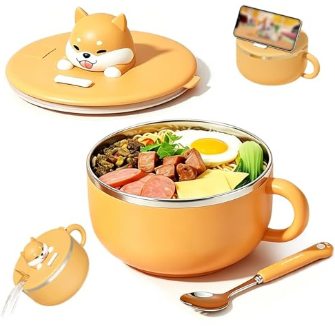1200ml Instant Ramen Bowl with Lid and Spoon, Instant Noodle Bowl with Handles, Portable Microwave Safe Ramen Cooker for Bento Lunch Soup Noodles (Shepherd Dog)