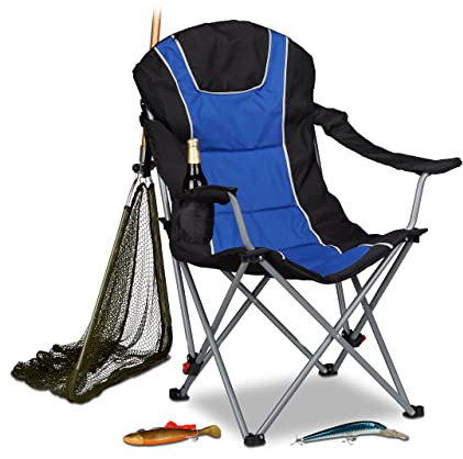 Relaxdays Campingstuhl faltbar, gepolsterte Lehne verstellbar, Anglerstuhl klappbar, HxBxT: 108x90x72 cm, blau-schwarz