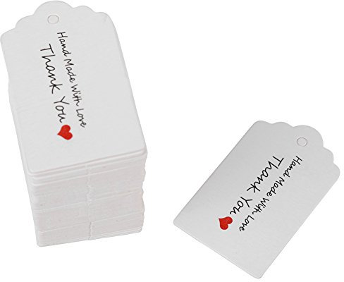 Papier Geschenkanhänger, weiß Kraftpapier Anhänger Etiketten Rechteckig Preisschilder für DIY Handwerk Dekor 100pcs(Handmade with Love)