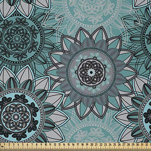 ABAKUHAUS Mandala Stoff als Meterware, Hippie Oriental Frühling, Microfaser Stoff für Dekoratives Basteln, 1M (230x100cm), Türkis Schwarz Taupe