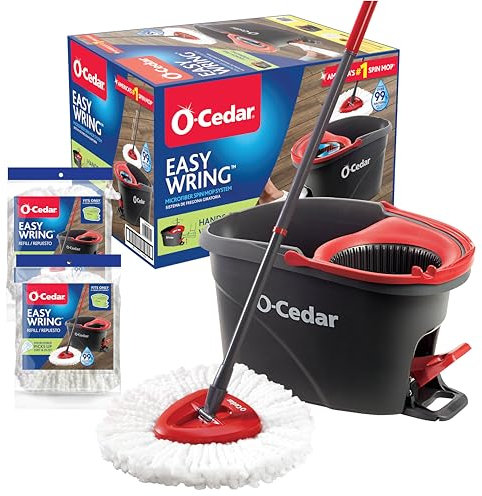 O-Cedar EasyWring Système de Nettoyage de Sol en Microfibre avec Seau et 2 recharges supplémentaires, Rouge/Gris