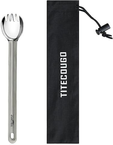 TITECOUGO Titanium Spork, Camping Long Spork Titanium Reusable Multitool Lightweight Camp Outdoors Hiking Travel Convenient Picnic Spoon Fork for Men Women Annvchi Portable Flatware 1 pack
