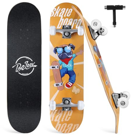 BELEEV Skateboard 31x8 Zoll Komplette Cruiser Skateboard für Kinder | Jugendliche Erwachsene, 7-Lagiger Kanadischer Ahorn Double Kick Deck Concave mit All-in-one Skate T-Tool für Anfänger
