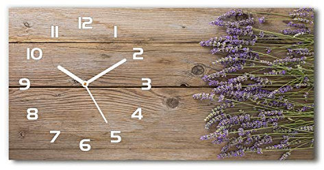 Tulup Wanduhr aus Glas 60x30 cm Glas Uhr Bild Glasuhr Gehärtetes Glas Küchenuhren - weiße Zeiger - Lavendel auf dem Holz