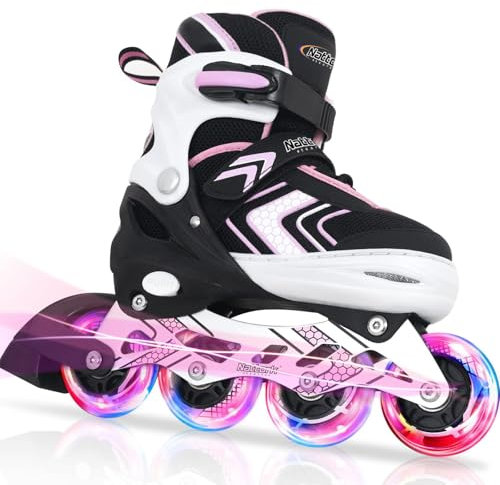 Nattork Verstellbare Inline Skates für Mädchen, 4 Größen Kinder Inline Roller Skates mit Beleuchteten, Kinder Inliner Mädchen Rollschuhe für Anfänger (Rosa, 37-41 EU / 235-260 MM)
