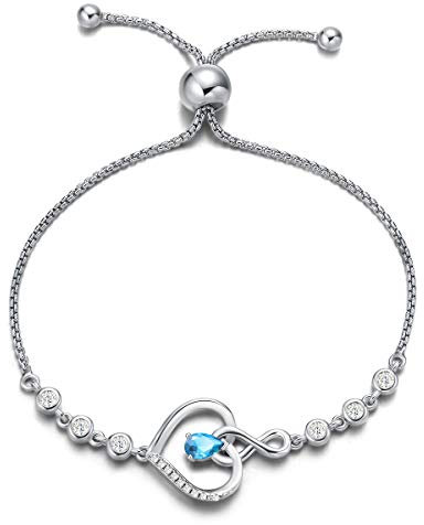 Agvana Damen Armband Herz, 925 Sterling Silber Infinity Armband Geburtsstein Armbänder, März Geburtsstein Erstellt Aquamarin Verstellbare Armband Edlen Schmuck Geschenk für Frauen