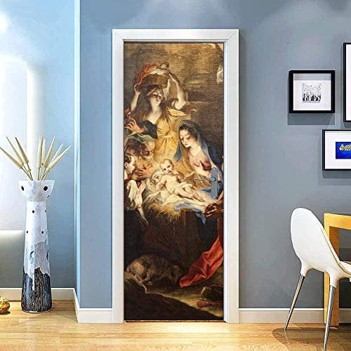 LuSeven türposter Religion Jahrgang Jungfrau Maria 40x120cm 3D Tür Aufkleber Wandtattoo Abnehmbare Wasserdichte Vinyl Aufkleber Für Wohnzimmer Schlafzimmer Wohnkultur