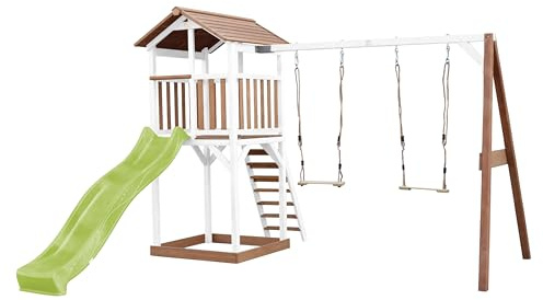 AXI Beach Tower Spielturm aus Holz in Braun & Weiß | Spielhaus für Kinder mit hellgrüner Rutsche, Doppelschaukel und Sandkasten | Stelzenhaus für den Garten