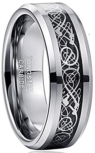 Vakki 8mm Silber Wolframcarbid Ringe Inlay Keltischer Drache und Schwarze Kohlefaser Gedenkring Paar Ring Größe 52(16.6)