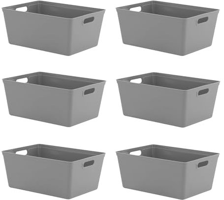 simpa 11L 11 Litre Plastic Storage Basket Studio Organiser Trays with Handles - Grey, Set of 6 Trays - 15.5cm (H) x 35cm (L) x 25cm (W)