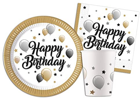 Ciao-Kit Table Fête Party Milestone Anniversary 24 personnes (88 pcs: assiettes, gobelets, serviettes) en papier FSC Vaisselle, AZ127, Blanc, Or, Argent, Noir