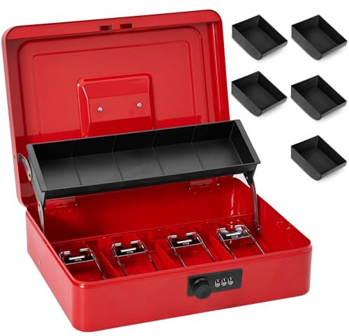 Sgorlds Große Verriegelung Geldkassette mit Zahlenschloss und Spardose, Spardose mit Geldfach, Schloss Safe Box für Büro Business, 30 x 24,1 x 8,9 cm, Rot