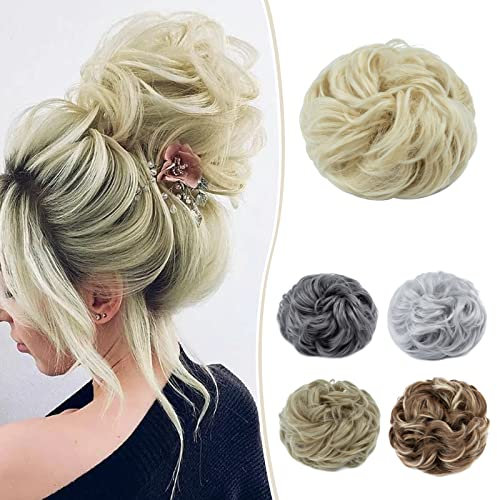 Silk-co Haarteil mit Gummiband, Dutt mit Haaren Gewellt Weich Dutt Haarteil mit Gummiband 55 g, Gelockt Haarverdickung Hair Extensions Messy Bun Hochsteckfrisuren Bleichblond