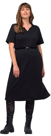 Ulla Popken Damen große Größen Übergrößen Plus Size Trachtenkleid, Gürtel, Tunika-Ausschnitt, Halbarm dunkelgrau Melange 58 809839118-58