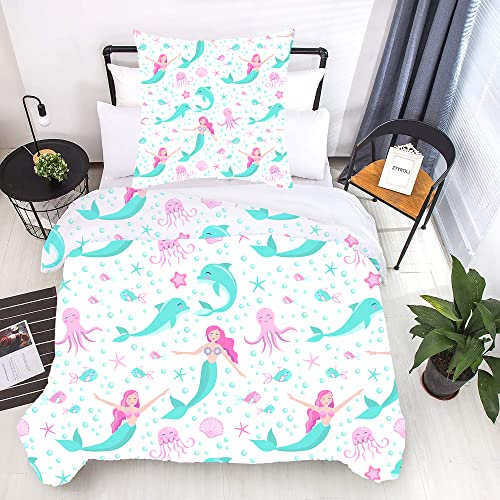 ZTYROLJ Meerjungfrau Bettbezug Sets mit Reißverschluss, weiche und Bequeme Bettwäsche Set für Kinder Mädchen, 200x200cm Steppdecke Abdeckung +80 * 80 * 2 Kissenbezüge