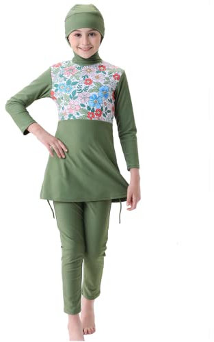FYMNSI Kinder Mädchen Muslimischen Badeanzug Full Cover Badebekleidung Burkini Modest Islamischen Ganzkörper Hijab Langarm Top Hose Set Wassersport Surfen Outfit Bademode Schwimmanzug Grün 11-12 Jahre