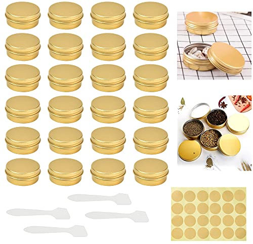 FIGFYOU 24Pcs Aluminum Tin Jars, 15ml Empty Cosmetics Container Pots Travel Cosmetics Tins with Screw Lids, Labels & Spatula, Refillable Small Cosmetic Pots for Cream,Sample,Powder,Candle -Gold