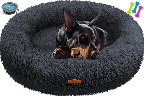Lovpet® Hundebett Hundekissen Katzenbett Bagel, Waschbar, Inkl. Napf + 3X Kauknochen, Hundesofa flauschig Kissen Rund aus Plüsch für Kleine, Mittelgroße & Große Hunde, Katzen [4XL, Ø 120cm Anthrazit]