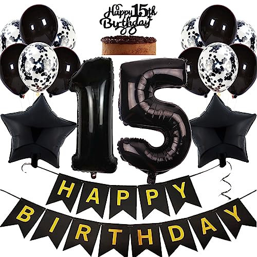 Feelairy Geburtstagsdeko 15 Jahre Junge, Luftballon 15. Geburtstag Deko Mädchen, Schwarz Tortendeko Happy 15th Birthday Deko 15 Jahre Mädchen, Ballon 15. Geburtstag Party Dekoration Set