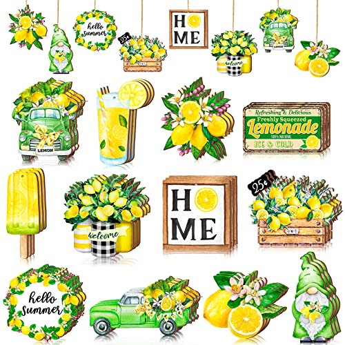 Maitys QE-Maitys-ca901 Zitronenbaum-Ornamente, Sommer-Ornamente, Holz-Zwerge, hängende Ornamente mit Schnur, dekorative Obstbaum-Dekoration für Zuhause, Zitronen-Party-Dekoration, 36 Stück
