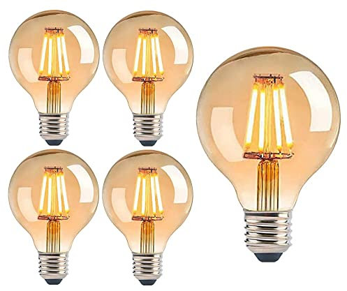 Trango 5er Pack E27005 3-Stufen dimmbar E27 LED warmweiß Gold farbig 2500 Kelvin 4 Watt 400 Lumen, G80 Ø8cm Filament Edison Glühbirne, Amber Vintage Glühbirne, Retro-Beleuchtung Globe Leuchtmittel