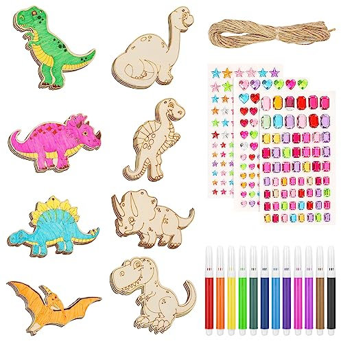 Heyu-Lotus 40 Stück Dinosaurier Holz Bastel Kindergeburtstag Dino Bemalen Basteln mit Aquarellstift, Farbiger Selbstklebende Glitzersteine,Hanfseil für DIY Handwerk Jungen Mädchen Geburtstagsdeko