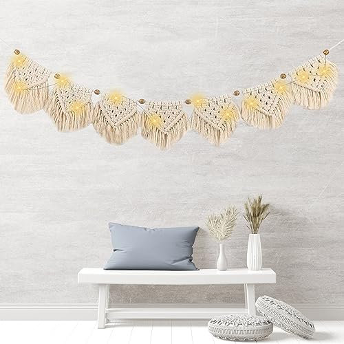 Boho Deko Makramee Wandbehang Mit LED Lichterkette, 100cm* 14cm Handgefertiges Böhmische Wanddeko Wandteppich, Blatt Quaste Tapisserie Fransengirlande, Handgewebt Girlande Boho