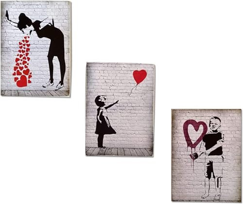 KUSTOM ART Set mit 3 Magneten Serie Banksy Herz Vintage zum Sammeln Druck auf Holz 10 x 6 cm