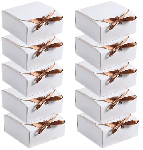 10Pcs Paper Gift Box with Lid & Bow Ribbon 11.5x11.5x5cm Square Shaped Packaging Box Easy Assembly Bridesmaid Proposal Box Kraft Paper Presentation Boxes for Parties, Christmas, Birthday, Wedding