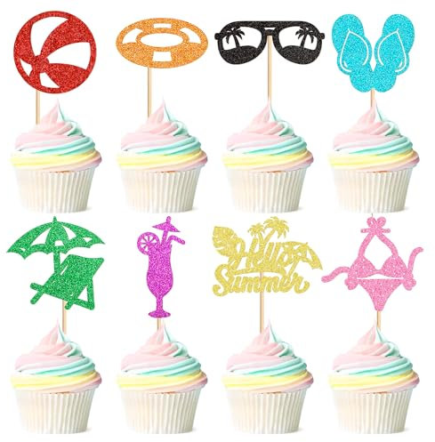 Ercadio 32 PCS Summer Beach Cupcake Toppers Pool Party Hawaiian Theme Cake Picks with Beach Ball Sun Umbrella Goggles Beach Cake for Birthday Tropical Shower Party Decoration Supplies