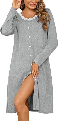 Migcaput Chemise de Nuit Femme Manches Longues Robe de Nuit avec Boutons Devant Poches Dentelle Vêtement De Nuit Ample Confort Vêtement d'Intérieur