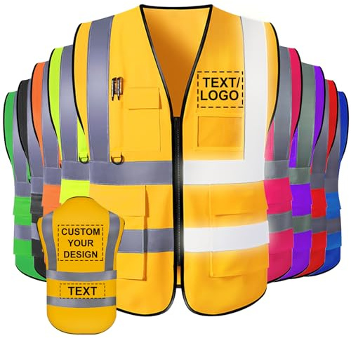 Custom Safety Vest for Men with Logo Pockets High Visibility Personalised Reflective Vests Bulk Women Construction Workwear Yellow