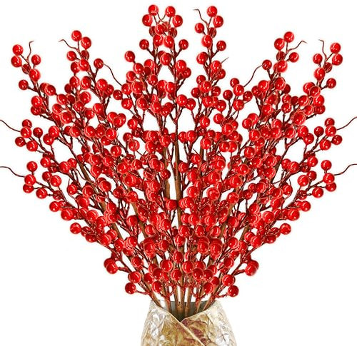Baaxxango Künstliche rote Beerenstiele, Stechpalme, Weihnachtsbeeren, Burgunderrote Beeren, Blumen-Weihnachtsbaumschmuck, Weihnachtsdekorationen für Festival, Urlaub, Basteln, Heimdekoration (7 Stück)