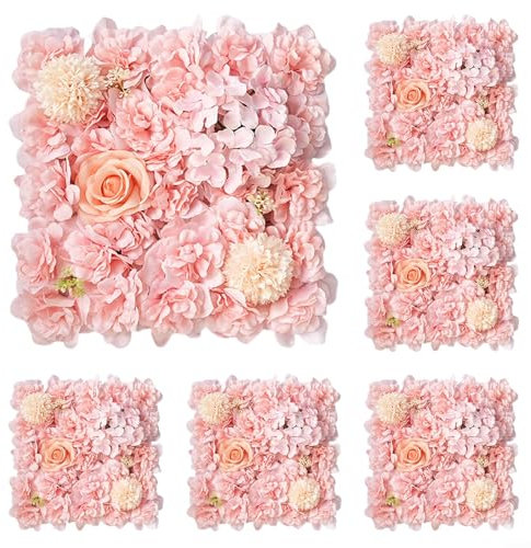 Lot de 6 fleurs artificielles pour décoration murale de mariage, panneaux muraux de fleurs artificielles, roses et hortensias en soie 3D (rose clair)