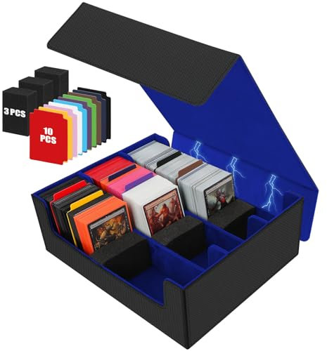 LALATOK 3 Reihen PU Leder Magnetic Sammelkarten-Aufbewahrungsboxen, Trading Card Storage Box für 1800+ Karten, Card Deck Box mit 10 Bunten Trennwänden, für MTG, TCG und Sportkarten (Schwarz Blau)