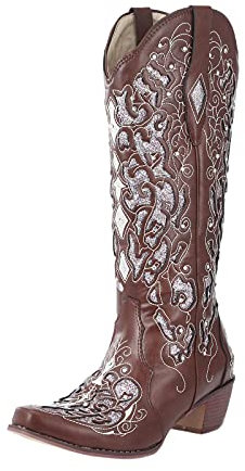 Stivali alti in stile western rodeo con ricami al ginocchio stivali da cowboy con borchie con strass tacco da cowboy per donna stivali lunghi da donna taglia 6, Marrone, 39.5 EU