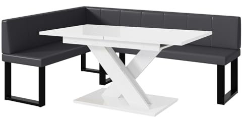 MEBLINI Eckbank für Esszimmer mit ausziehbarem Tisch - Küchenbank - Essecke - Sitzecke Küche - Peter - U-Beine 142x196x87cm Links - Grau Kunstleder/B Weiß Hochgl.