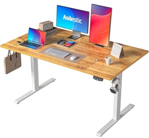 Agilestic Bureau Réglable en Hauteur 140 X 80 Cm, Bureau Stable Réglable en Hauteur électrique avec Commande Manuelle à Mémoire, Bureau D'ordinateur Ergonomique Assis-Debout, Marron Clair
