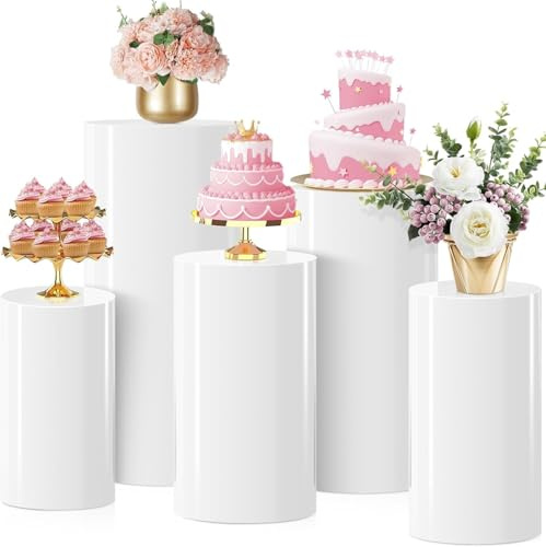 HoldOneLight 5-Pack weiße Zylinder Sockel steht - Runde Display-Säulen für Kuchen, Blumen, Party Tischdekorationen, Sockel für Parteien, Event-Deko (Hochzeit, Babyshower, Geburtstag)(5PCS)